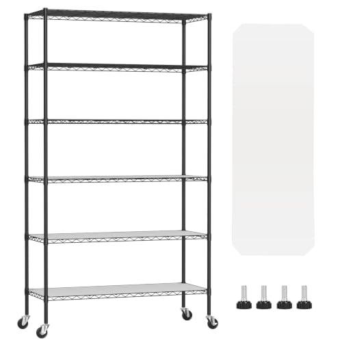 Image of BestOffice | 6-Tier Wire Storage Shelves with PP Shim | 18x45x82 | Black | Wheels | Adjustable Racks | Heavy-Duty Metal Shelf, Holds Upto 2100 lbs | No-Tool Assembly | Ideal for Home & Garage Shelving
