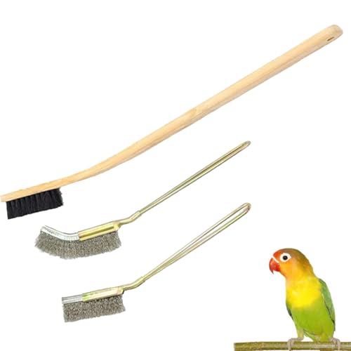 QBLEEV 3 Pack Bird Cage Brush, Wooden & Stainless Steel Long Handle Bird Cage Cleaner Brush, Poop Off Bird Cage Cleaning Brushes, Bird Cage Scraper Parrot Poop Remover Accessory