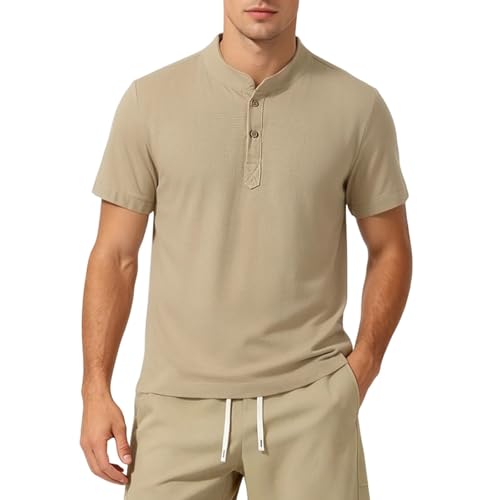 Image of Beige Polo Shirts for Men Adult Short Sleeve Round Neck T-Shirt Plus Size Loose Solid Color Trendy Shirt Button Up Lightweight Comfortable Sports T Shirts Cotton Linen Summer Tops 4XL