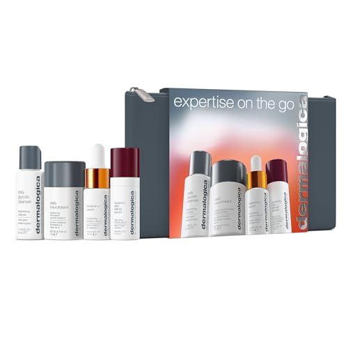 Dermalogica Gesichtspflege Set - Reisegrößen für unterwegs im Kosmetiktäschchen. Enthält: Daily Microfoliant, Biolumin-C Serum, Dynamic Skin Retinol Serum.