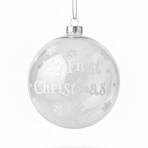 The Lovely Keepsake Company Silver Personalised Iridescent My First Christmas Pet Bauble | Custom With Name, Paw Prints & Stars | A Puppy's, Kitten's Or Pet's First Xmas Keepsake