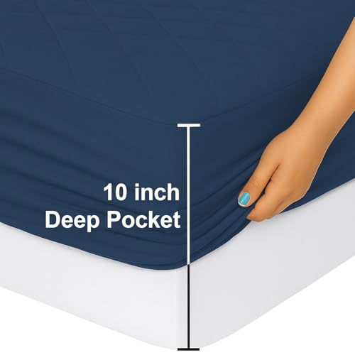 Image of Homestan 100% Waterproof Cotton Quilted Mattress Protector Single Bed, Elastic Fitted Bed Mattress Cover Protects from Dust & Mites (72x36 inches, Navy)