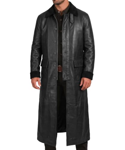 Image of Mens Western Old COWBOY Long Gunfighter Duster Coat - Full Length Black Leather Trench Coat Men - Large