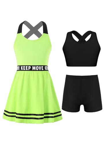 3pcs Kids Sports Outfits Girl Tenins Athletic Dress With Racerback Sport Bras And Shorts For Workout Exercise Fluorescent Green 10 Years