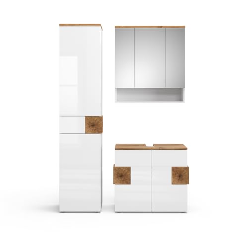 Vicco Badmöbel-Set Eden, Weiß Hochglanz, 73 cm, besteht aus Waschbeckenunterschrank, Spiegelschrank und Hochschrank