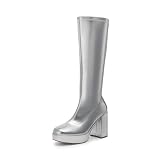 DREAM PAIRS Women's Platform Knee High Boots Chunky Block Heel Side Zipper Cute Gogo Boots,Size 8,SILVER-PU,SDKB2418W