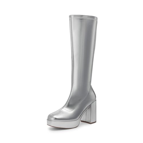 DREAM PAIRS Women's Platform Knee High Boots Chunky Block Heel Side Zipper Cute Gogo Boots 6.5 Silver-pu