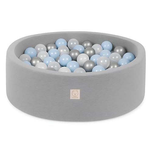 MISIOO Smart Piscina di Palline 90 x 30 cm Rotondo per Bambini (Grigio: argento-perla-azzurro/150 Palle)