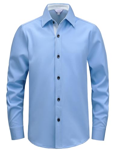 AOTIK Boys Stretch Multi-Use Dress Shirts Wrinkle Free Long Sleeve Button Down Shirts Formal Wedding Prom Shirts 14 Light Blue