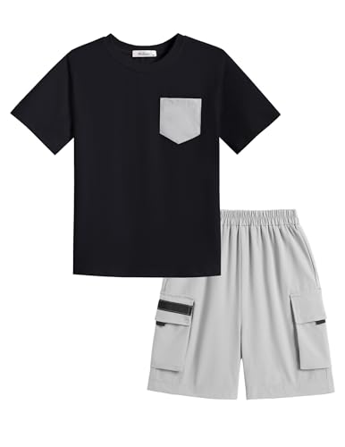 Image of Arshiner Boys' 2-Piece Cotton Outfit Short Sleeve Crewneck T-Shirt & Cargo Shorts Set Summer Casual Clothes for Kids 5-13