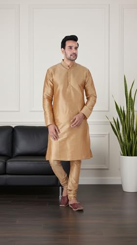 Image of Sadree Men's Silk Blend Mandrin Collor Full Sleeve Knee Length Indian Kurta Chudidar Pyjama Set