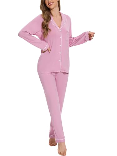 Image of Button Up Pajamas for Women Long Sleeve Sleepwear Soft Loungewear Ladies Pjs Set XS-XXL