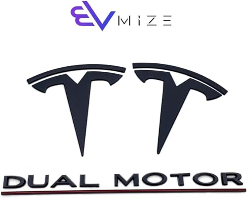 Image of Tesla Model 3 Emblem Bundle Front Rear T Badge Matte Black Glossy Black Logo OEM Dual Motor Set Metal Decal Sticker with 3m Adhesive Highland (Matte Black)