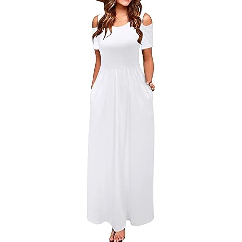 STYLEWORD Womens 2024 Summer Maxi White Cold Shoulder Short Sleeve Casual Long Dress with Pocket(White,XL) Cover