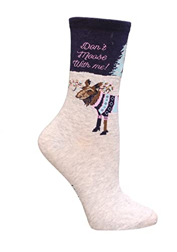 K. Bell Women's Winter Moose Crew Socks 1 Pair, Grey Heather, Women's 9-11 Shoe
