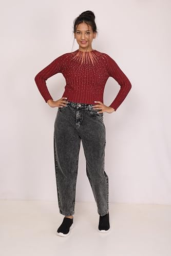 Image of ICW Women Knitted Rhinestone Embellised Daimond Studded Mesh Round Neck Long Sleeve Crop Top T-Shirt 206