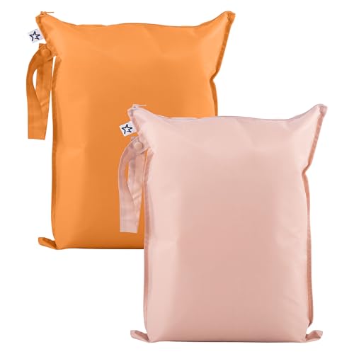 Image of Tiny Twinkle Mess Proof Wet Bags | 2-Pack Reusable Waterproof Wet Bags for Swimsuits | Baby Clothes | Travel & Diaper Bag (Taupe, Dandelion)