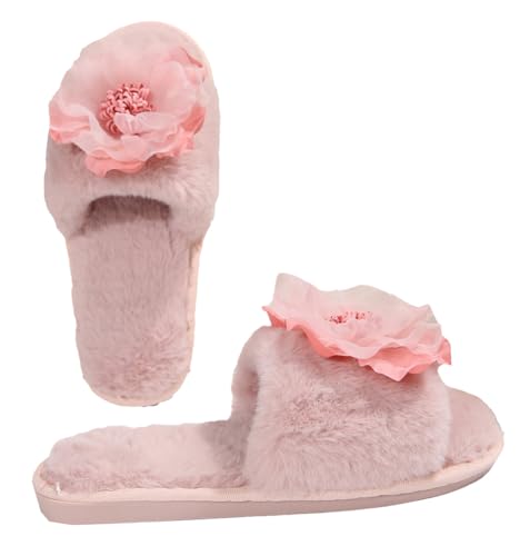 Rungion Womens Flower Open-Toe Plush Slippers Fluffy House Slip On Shose Cozy Breathable Outdoor Sandals Winter Slipper Gifts