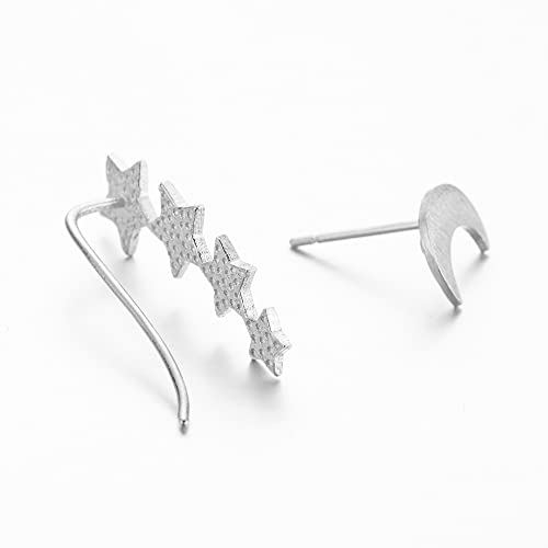 Asymmetric Star Moon Ear Cuff Climber Crawler Wrap Stud Earrings For Women Girls Cartilage Hypoallergenic Silver Gold Plated Minimalist Huggie Studs Piercing Post Fashion Jewelry Gifts Bff Birthday Daughter Girlfriend Valentine's Day (Silver) #TOP1