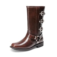 DREAM PAIRS Girls Boots Square Toe Knee High Motorcycle Booties with Buckles Riding Biker Boots Little Kid/Big Kid,Size 3 Little Kid,DARK BROWN,SDBO2414K