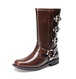 DREAM PAIRS Girls Boots Square Toe Knee High Motorcycle Booties with Buckles Riding Biker Boots Little Kid/Big Kid,Size 5 Big Kid,DARK BROWN,SDBO2414K