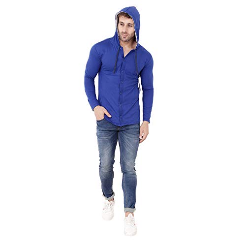 Image of Geum Men's Full Sleeve Hooded T-Shirt with Button-Down Front | Casual Slim Fit Cotton Shirt-Style Tee
