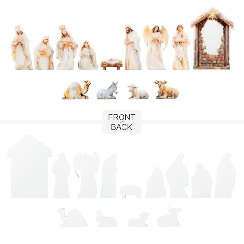 Image of Glitzhome Nativity Scene Set Indoor 8.5 inch,13 Pieces Wooden & Epoxy Resin Nativity Sets & Figures Tabletop Scenes, Nativity Figurines Set for Christmas Indoor Decor with Arch Christian Holy Family