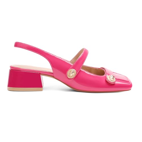 Image of Slingback Mary Jane Heels for Women Low Block Heel Closed Square Toe Pump Shoes Heels Classic Daily Office Dressy Shoes