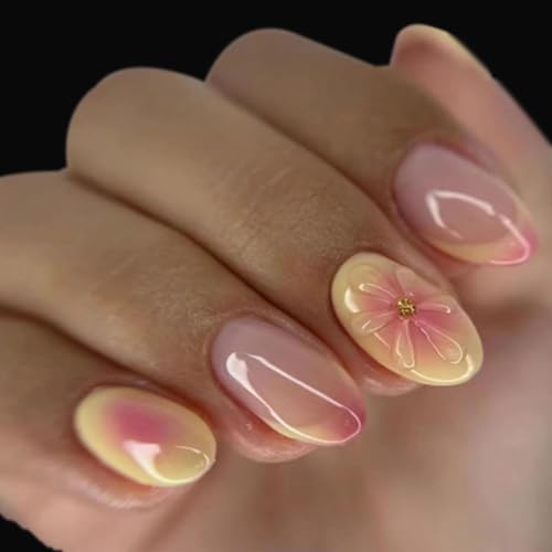 Auriselle 24 Piezas Uñas Postizas Cortas Forma Almendra, Uñas Postizas con Puntas Francesas Amarillas, Reutilizables 3D Flores Nails, Francesas Nails, Regalo de Cumpleaños para Mujeres y Niñas