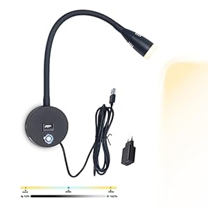 WYQSX 3W LED Liseuse Lampe Dimmable, Applique Murale avec Interrupteur tactile et Port de Chargement USB, Lampe de Lecture Murale 360° Réglable Col de Cygne Flexible Éclairage Mural avec USB Câble