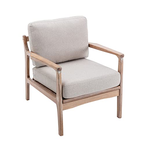 Bonzy Home Mid Century Modern Accent Chair, Comfy Fabric Armchair With Solid Wood Frame & Removable Cushions, Upholstered Reading Chair For Living Room Bedroom, Beige #TOP5