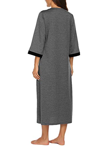 Image of Ekouaer Women Zipper Robe 3 /4 Sleeves Loungewear Dress Full Length Sleepwear Pockets Housecoat Nightgown Long Bathrobe