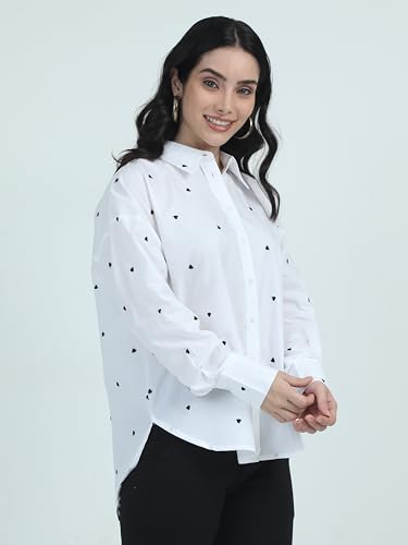 Image of Glam & Chique Women's Button-Down Oversized Shirt with Heart Embroidery S-2XL