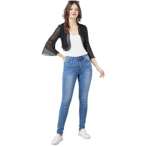Image of AOL Women's Cropped Layered Lightweight Sheer Three-Fourth Bell Sleeves Georgette Open Neck Shrug Bolero