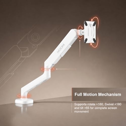 Image of iVOOMi Single Monitor Gas Spring Arm, Fits 15-34 inch Screens, Holds up to 12kg, Dual Mount C Clamp & Grommet, VESA Mount 75x75 & 100x100mm, 360 Rotation Lift /Tilt /Swivel /Rotate