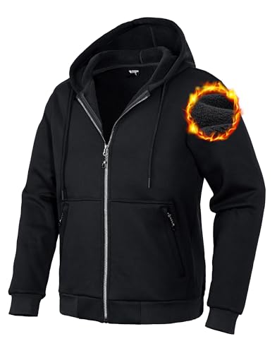 Pioneer Camp Zip Up Hoodie Men Fleece Lined with Zipper Pocket Heavyweight Hooded Sweatshirt Loose Fit Winter Active Jacket