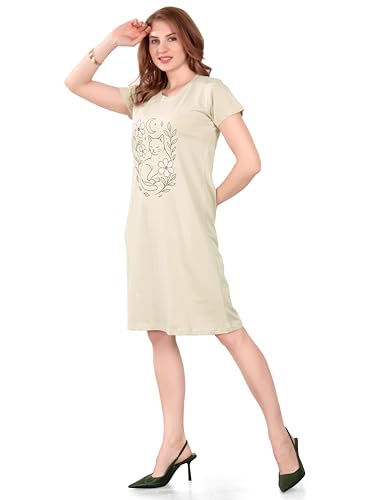 Image of Printed Knee Length Pocket Night Dresses for Women | Cat Lovers | Premium Soft Cotton Nighty | Sky Blue