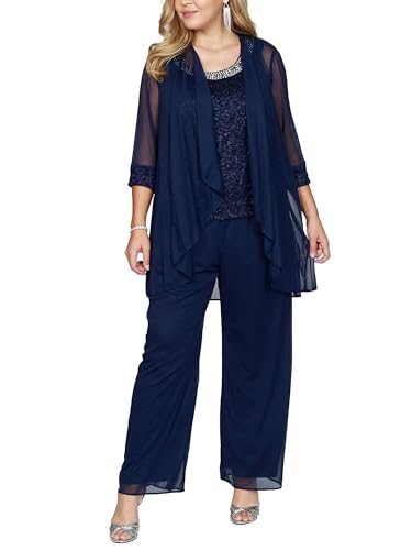 Freebily Traje De Fiesta Elegante De Gasa para Mujer Conjunto De 3 Piezas De Color Sólido Camiseta Sin Mangas + Cárdigan Manga Larga + Pantalones Largos Azul Marino A 2XL
