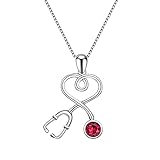 AOBOCO Sterling Silver Doctor Nurse Necklace Stethoscope Pendant Necklace, Simulated Ruby Birthstone Austria Crystal, Medical Jewelry for Nurse Graduation, RN Registered Nurse Gifts for Women(Red)