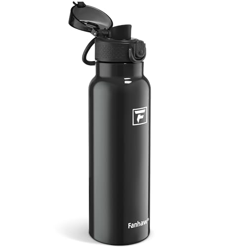 Image of Fanhaw 24 oz Insulated Water Bottle with Soft Silicone Spout Lid, Leakproof Stainless Steel Vacuum Bottle for School, Sports& Daily Use, Kids, Teens& Adults, Back to School Essentials (Glossy Black)