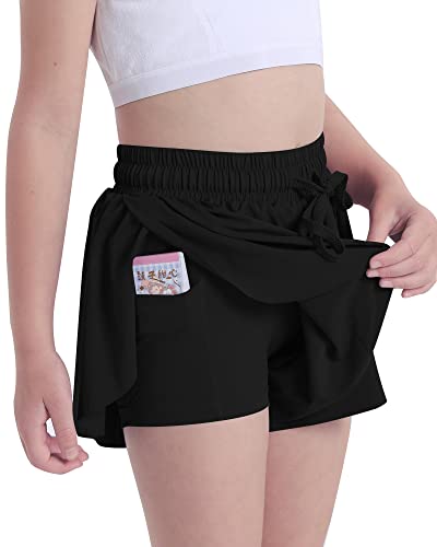 Kereda Girls Flowy Shorts With Spandex Liner 2-In-1,Butterfly Shorts For Girls,Running Tennis Elastic Waist Shorts For Youth/Kids/Toddler 5-6Y (Black) #TOP1