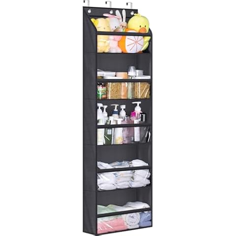 KEETDY Over The Door Organizer Storage Hanging Shelves for Closet Door with 5 Large Pockets Fits Bedroom, Bathroom，Dorm for Clothes Storage, Baby Diapers, Stuffed Animals, Black Cover