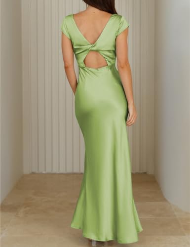 Image of Halfisland Womens Summer Satin V Neck Cap Sleeve Midi Dress Wedding Guest | 2026 Summer,Backless,Hollow Out,Long,Formal,Cocktail,Twist,Bridesmaid,Party,Baby Shower,Short Sleeve,Beach,Elegant,Evening