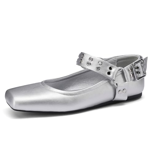Women's Sliver Black Studded Ankle Strap Square Toe Mary Jane Flats Office, Party, Daily Wear
