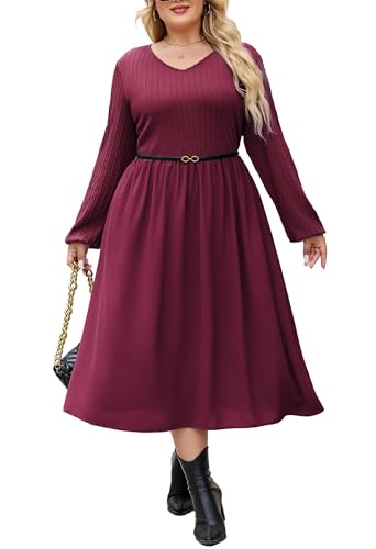 Vestido de Punto de Talla Grande para Mujer, Vestido Midi Informal de Manga Larga con Cuello en V y Color Liso