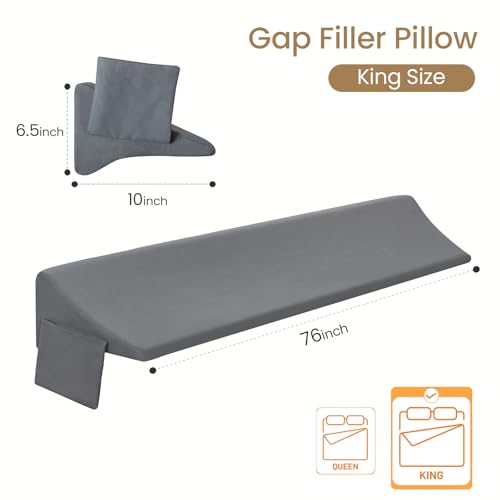 Image of Vekkia King Bed Wedge Pillow for Headboard Gap Filler (0-5.5 inch), Prevents Pillows & Items from Falling, High-Density Foam Mattress Gap Filler with Pockets, Removable Cover, Gray, 76 inchx10 inchx6.5 inch