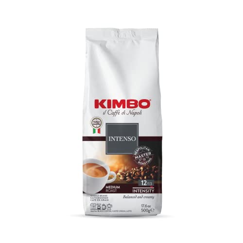 Kimbo Intenso Whole Bean Coffee | Medium Roast with Cocoa Notes | 12/13 Intensity | Balanced & Creamy | Blended & Roasted in Italy | 17.6 oz (500g) bag