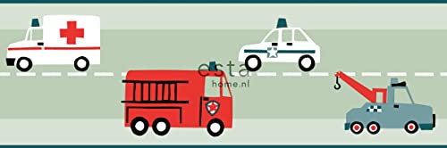 frise de papier peint adhésive voitures, camions de pompiers, hélicoptères et grues vert menthe - 170002 - de ESTAhome Cover