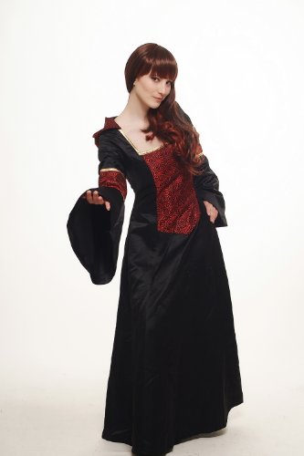 DRESS ME UP – Kostüm Damen Damenkostüm aufwändiges Kleid mit Haube Mittelalter Romantik Elfe Gotik Gothic Burgfräulein Weinrot-Schwarz L076 Gr. 42 / M - 4