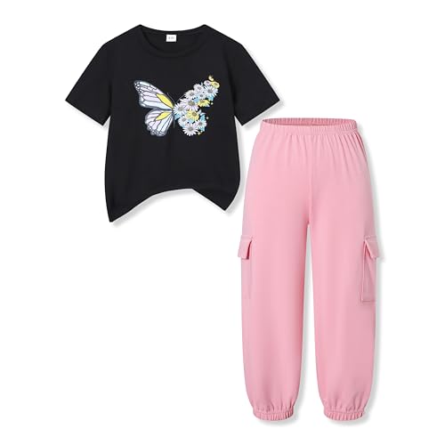 Image of Ayzozuy Kid Girl Clothes Outfits Figure Letter Graphic Tee Top + Flap Pocket Pants 2PC Clothing Set